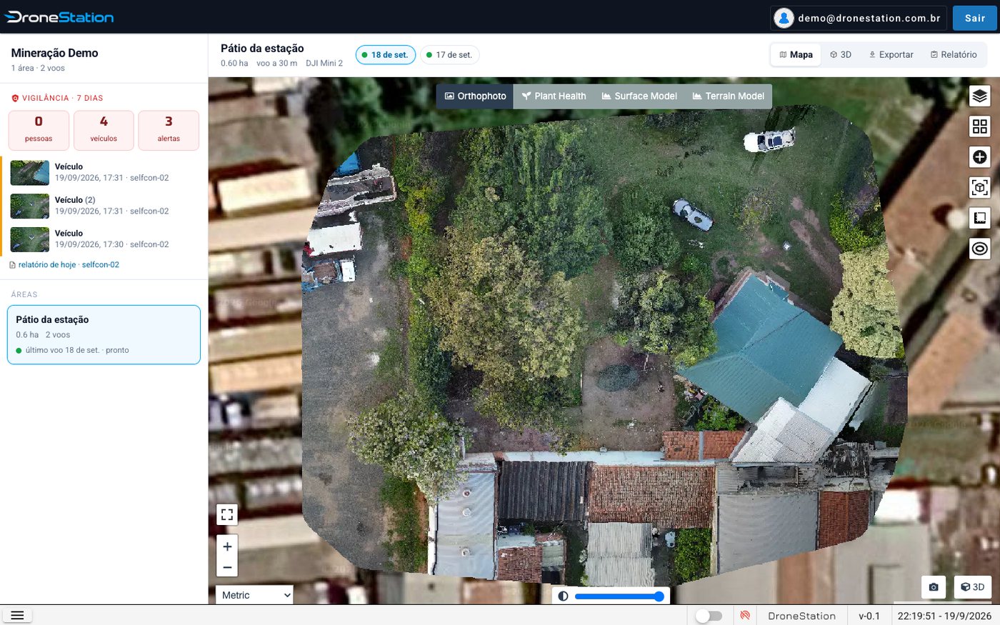 Área do cliente: ortofoto do voo, área medida e alertas de vigilância