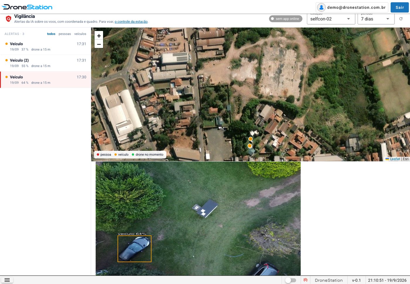 Vigilância: alerta com a coordenada no mapa e o quadro com a caixa da IA